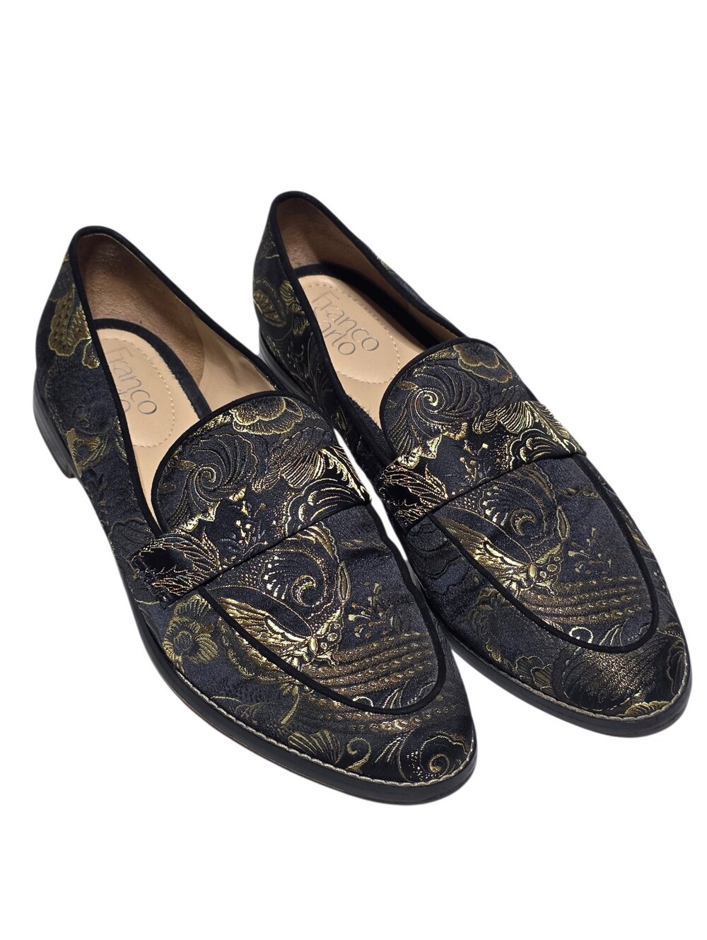 EUC FRANCO SARTO HURLEY TAPESTRY LOAFERS BLACK & GOLD BROCADE SLIP-ON FLATS SZ9